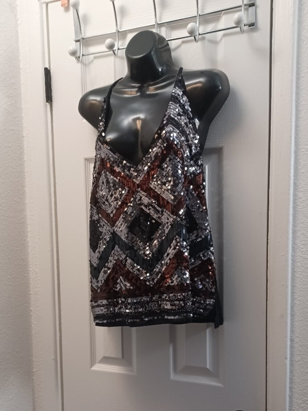 H&M Black, silver, and copper sequin top with geometric pattern #glamour #party